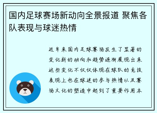 国内足球赛场新动向全景报道 聚焦各队表现与球迷热情 国内足球赛场新动向全景报道 聚焦各队表现与球迷热情