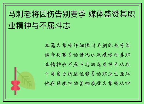 马刺老将因伤告别赛季 媒体盛赞其职业精神与不屈斗志 马刺老将因伤告别赛季 媒体盛赞其职业精神与不屈斗志