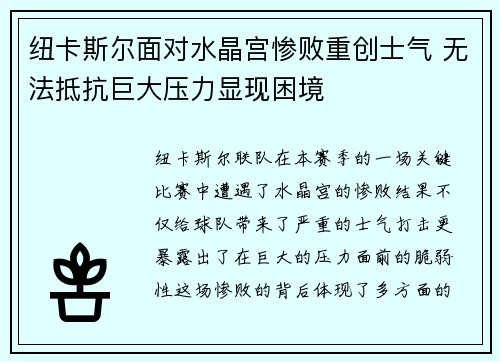 纽卡斯尔面对水晶宫惨败重创士气 无法抵抗巨大压力显现困境